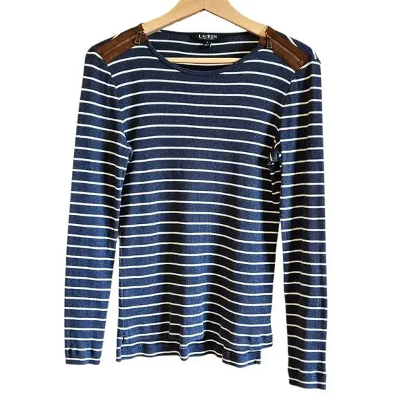 Ralph Lauren Striped Long Sleeve Preppy Top Navy White Women's Medium - Picture 1 of 6